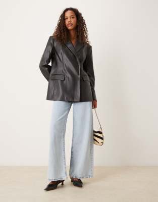 Asos Design Tailored Relaxed Leather Look Blazer In Black