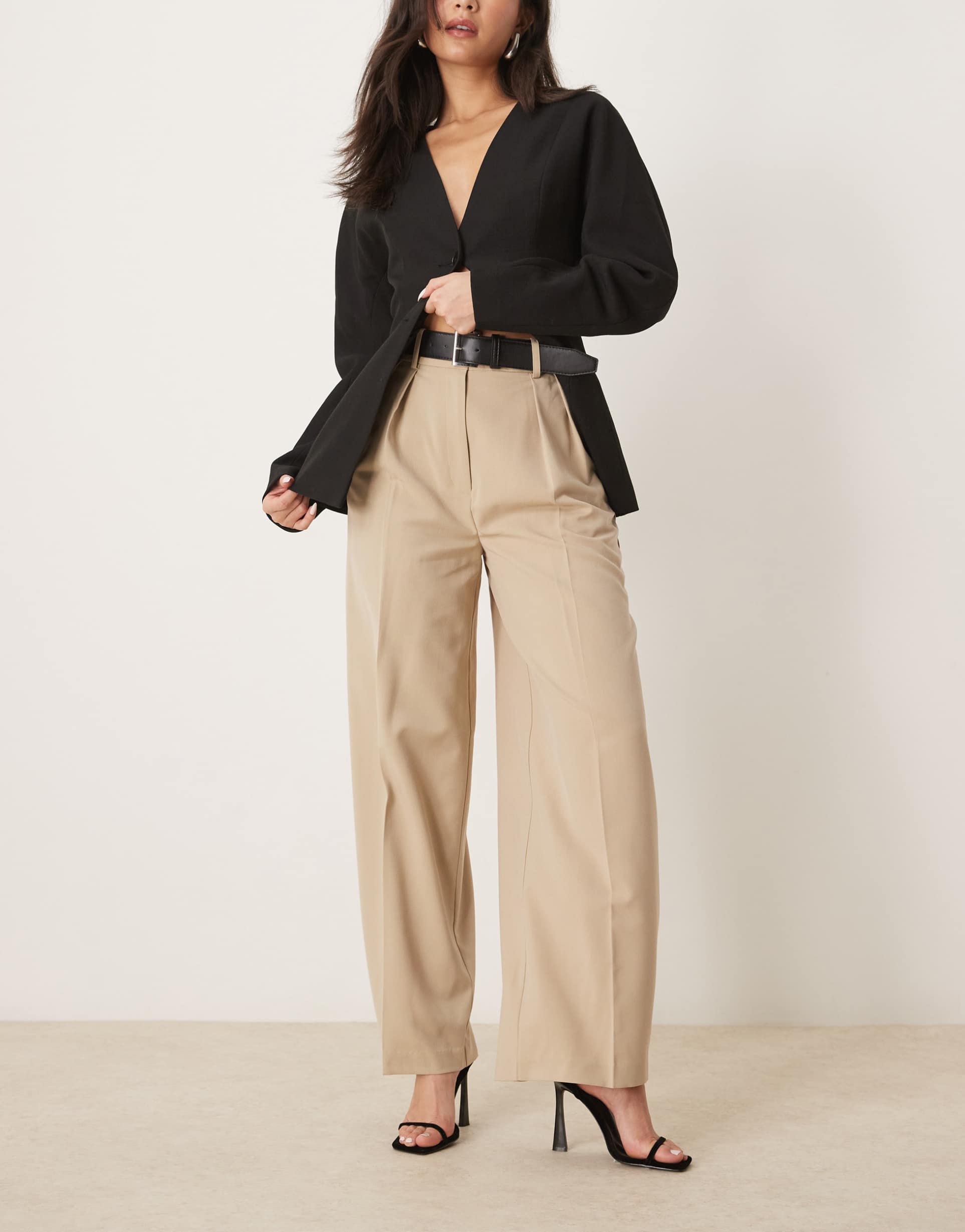 asos design tailored relaxed pants with faux leather belt in stone