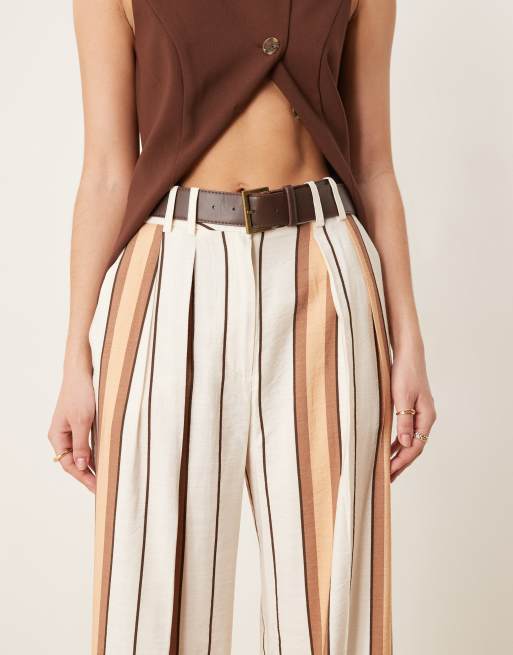 ASOS DESIGN tailored relaxed pants with faux leather belt in tan stripe, 2 of 5