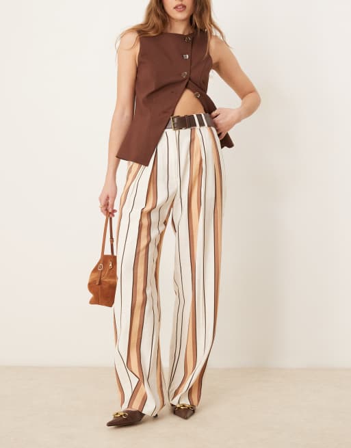 ASOS DESIGN tailored relaxed pants with faux leather belt in tan stripe, 5 of 5