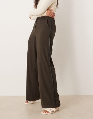 Asos Design Tailored Relaxed Pants With Faux Leather Trim In Brown