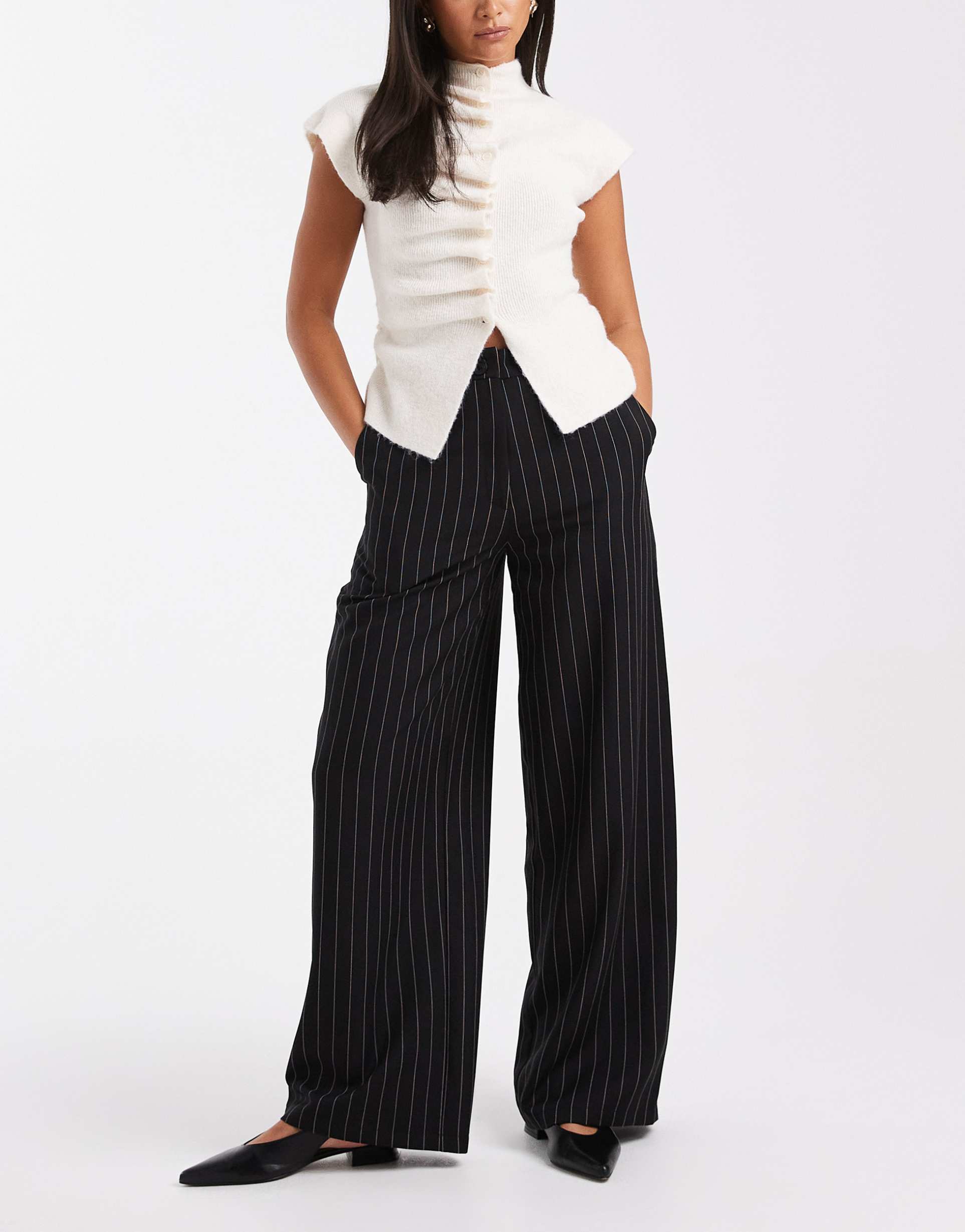 asos design tailored relaxed straight leg pants in black pinstripes