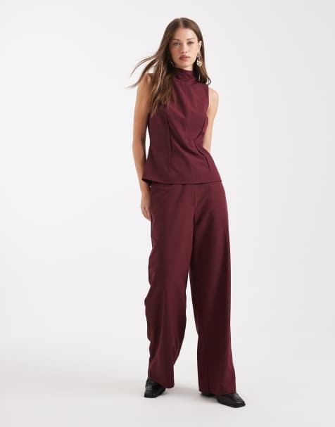 ASOS DESIGN tailored relaxed straight leg pants in dark cherry - view 1