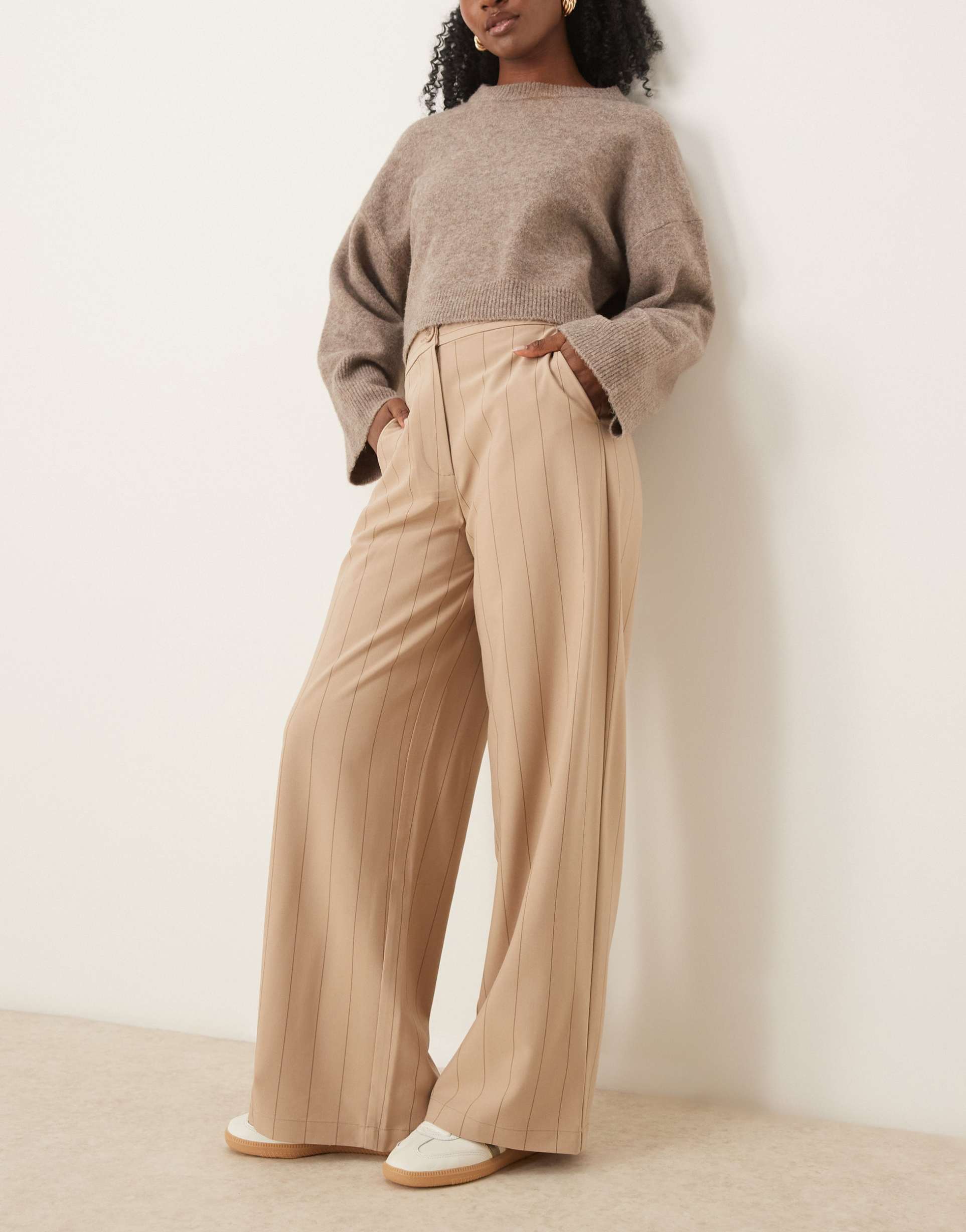 asos design tailored relaxed straight leg pants in taupe stripe
