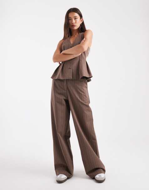 ASOS DESIGN tailored relaxed straight leg trousers co-ord in coffee stripe - view 1