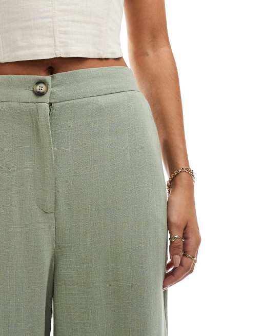 ASOS DESIGN tailored relaxed straight leg trousers with linen in khaki, 2 of 5