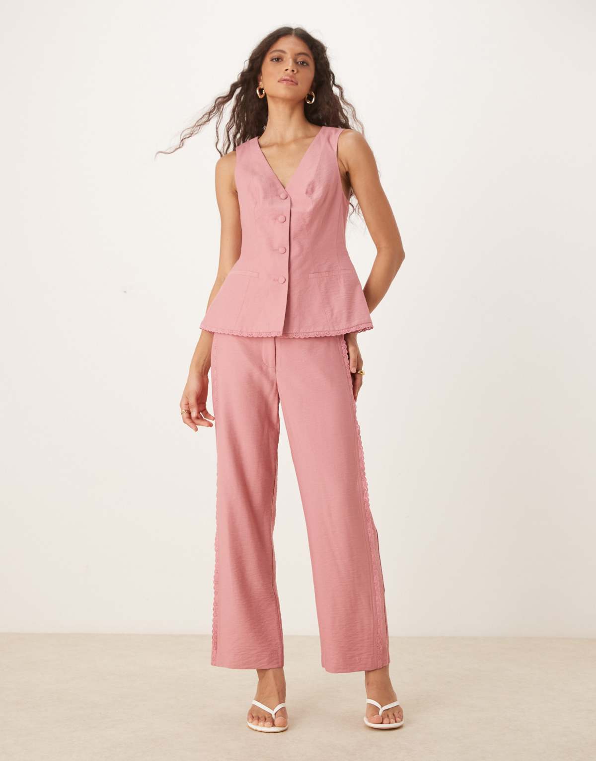 ASOS DESIGN tailored relaxed straight trousers with lace insert co-ord in pink