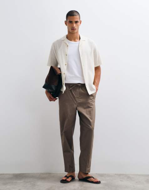 ASOS DESIGN tailored relaxed tapered linen look trousers in brown - view 1