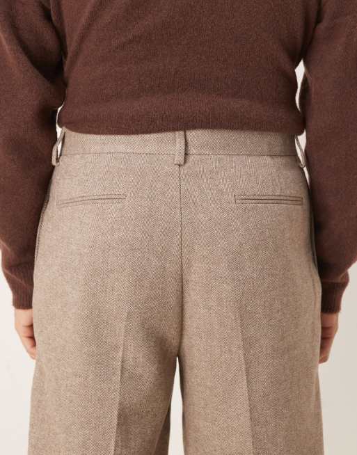 ASOS DESIGN tailored relaxed tapered pants with wool in beige herringbone, 4 of 5