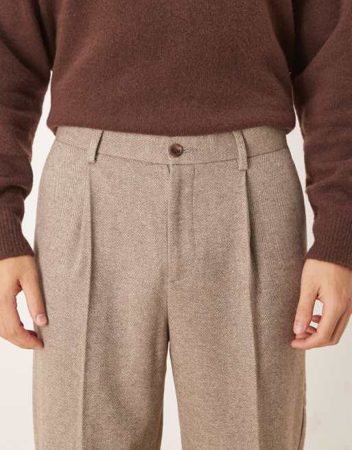 ASOS DESIGN tailored relaxed tapered pants with wool in beige herringbone, 5 of 5