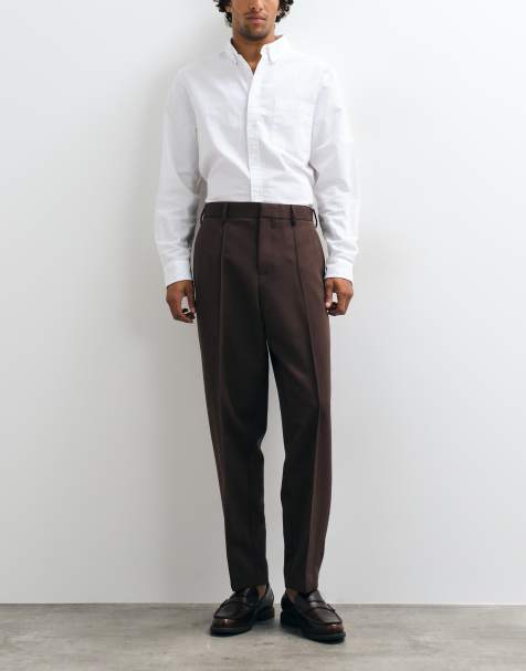 ASOS DESIGN tailored relaxed tapered trousers in brown with pintuck
