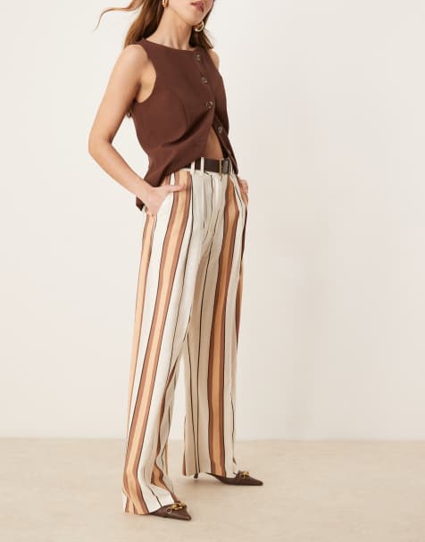 ASOS DESIGN tailored relaxed trousers with faux leather belt in tan stripe - view 1