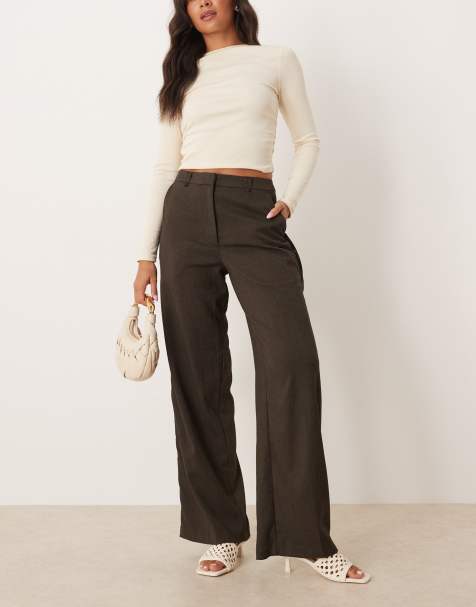 ASOS DESIGN tailored relaxed trousers with faux leather trim in brown herringbone - view 1