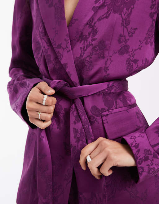 ASOS DESIGN Tailored relaxed unlined blazer with tie waist detail in purple jacquard, 2 of 4