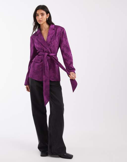 ASOS DESIGN Tailored relaxed unlined blazer with tie waist detail in purple jacquard, 3 of 4