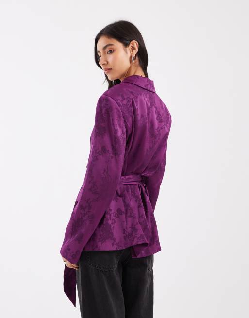 ASOS DESIGN Tailored relaxed unlined blazer with tie waist detail in purple jacquard, 4 of 4