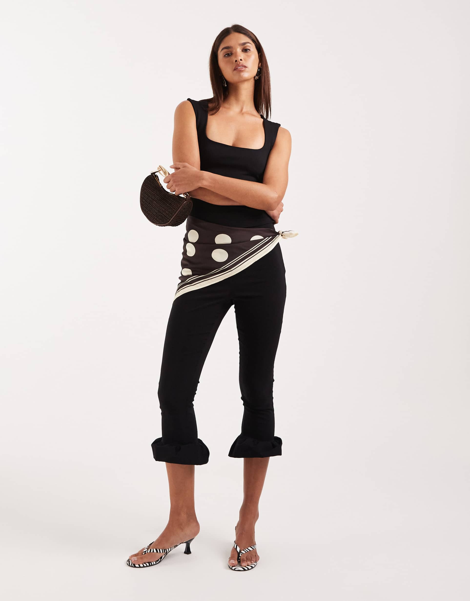 asos design tailored ruffle hem capri pants in black