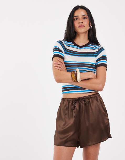 ASOS DESIGN Tailored runner shorts in satin in brown - view 1