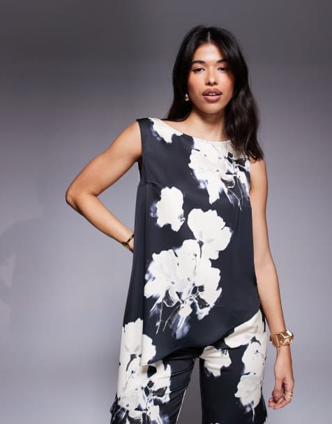 ASOS DESIGN tailored satin asymmetric drape top co-ord in floral print - view 1