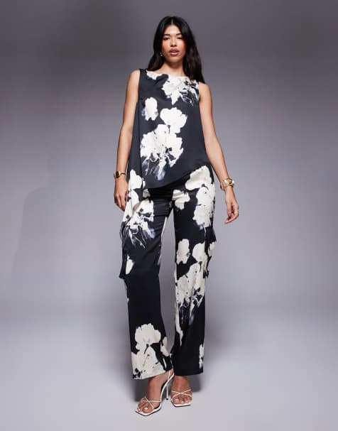 ASOS DESIGN tailored satin asymmetric drape top & satin wide leg trousers co-ord in floral - view 1