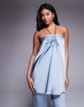 [ASOS DESIGN] ASOS DESIGN tailored satin halter neck top with gold chain detail in blue (part of a set)-Brown M Blue
