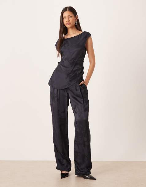 ASOS DESIGN tailored satin jacquard ruched top and pants set in navy - view 1