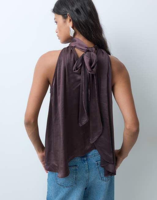 ASOS DESIGN Tailored  satin open back  halter top in raisin, 3 of 5