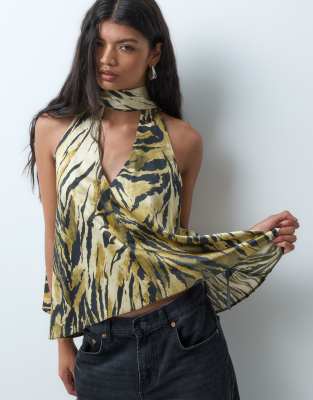 ASOS DESIGN Tailored  satin open back  halter top in tiger print | ASOS