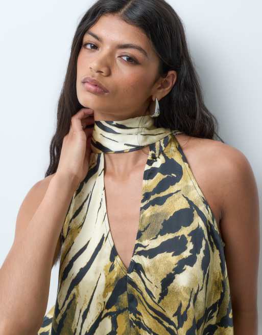ASOS DESIGN Tailored  satin open back  halter top in tiger print, 2 of 5