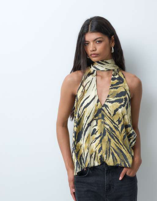ASOS DESIGN Tailored  satin open back  halter top in tiger print, 4 of 5