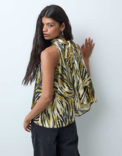 ASOS DESIGN Tailored  satin open back  halter top in tiger print, 5 of 5