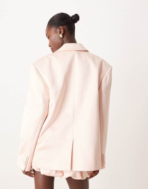 ASOS DESIGN tailored satin oversized power shoulder blazer in baby pink (Part of a set), 2 of 4
