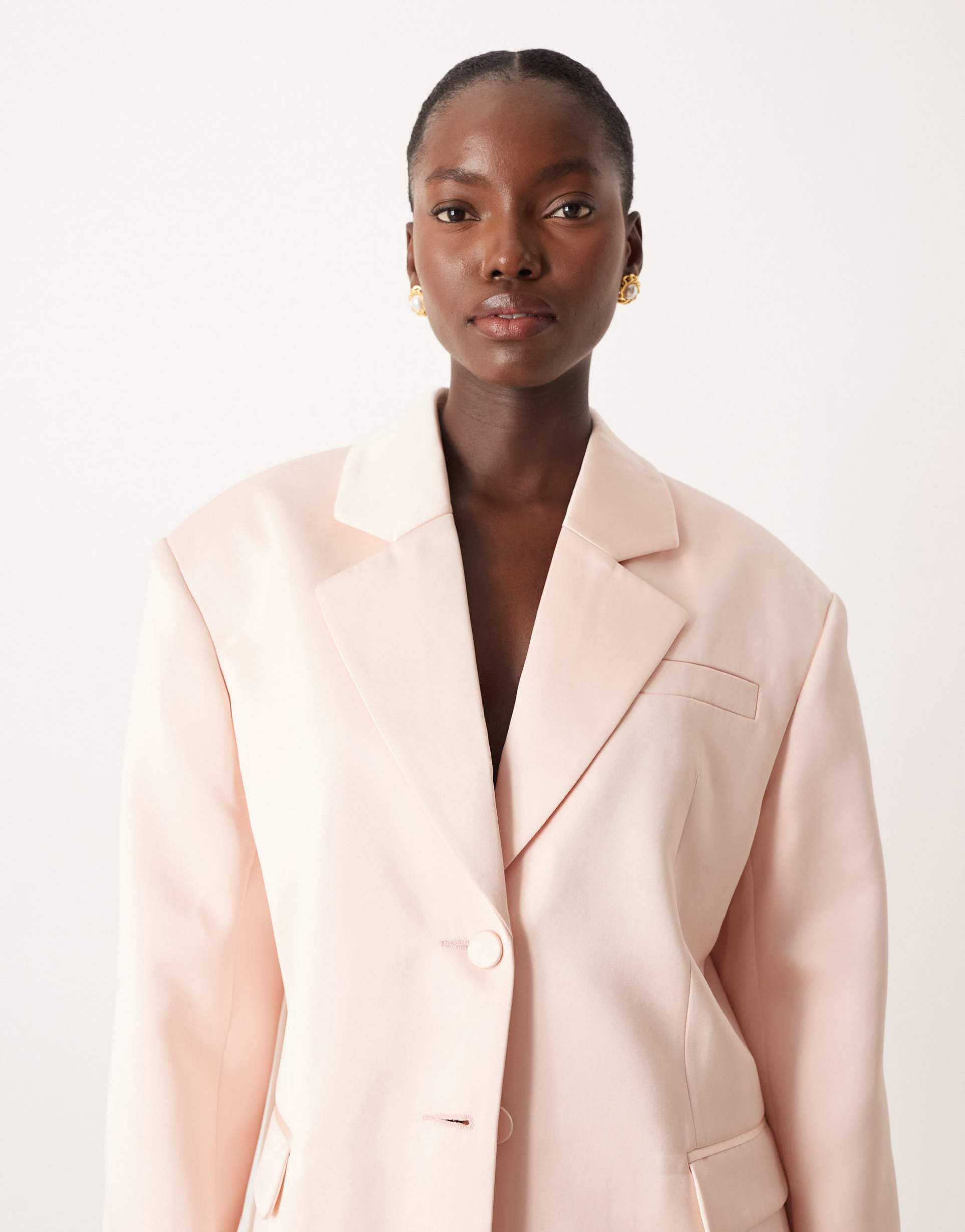 asos design tailored satin oversized power shoulders blazer in baby pink - part of a set