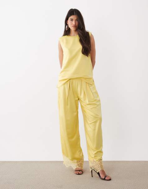 ASOS DESIGN tailored satin oversized tee with lace detail set in lemon - view 1