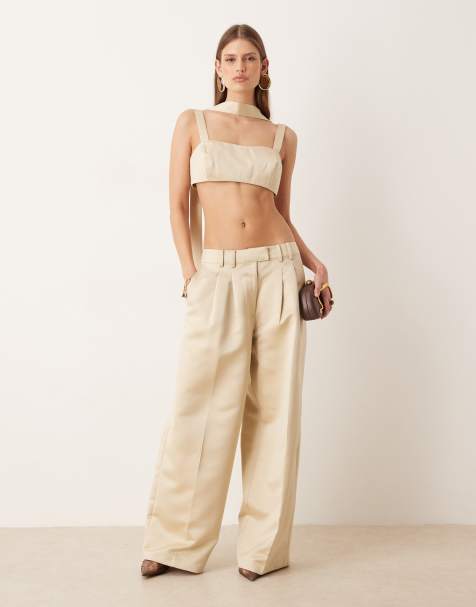 ASOS DESIGN tailored satin pleat detail wide leg trousers in oyster 