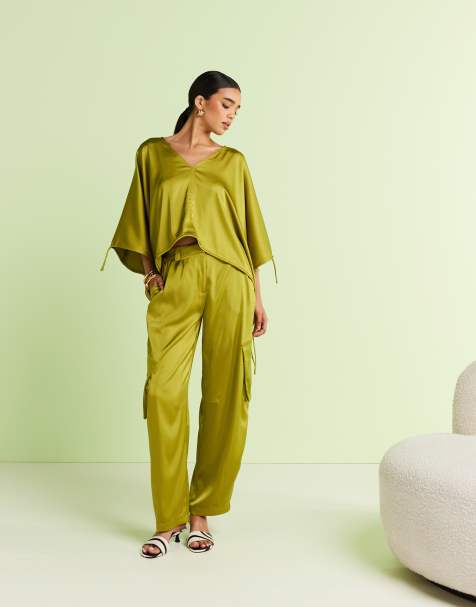 ASOS DESIGN tailored satin ruched long sleeve top & satin barrel trousers co-ord  in green - view 1
