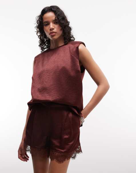 ASOS DESIGN tailored satin shorts with lace trim in brown - view 1