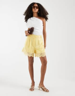 Asos Design Tailored Satin Shorts With Lace Trim In Multi