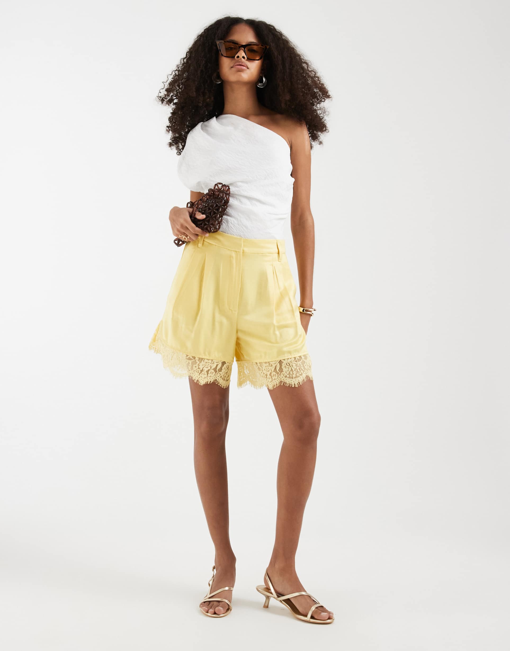 asos design tailored satin shorts with lace trim in lemon yellow