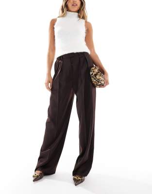 Asos Design Tailored Satin Wide Leg Pants In Chocolate-brown