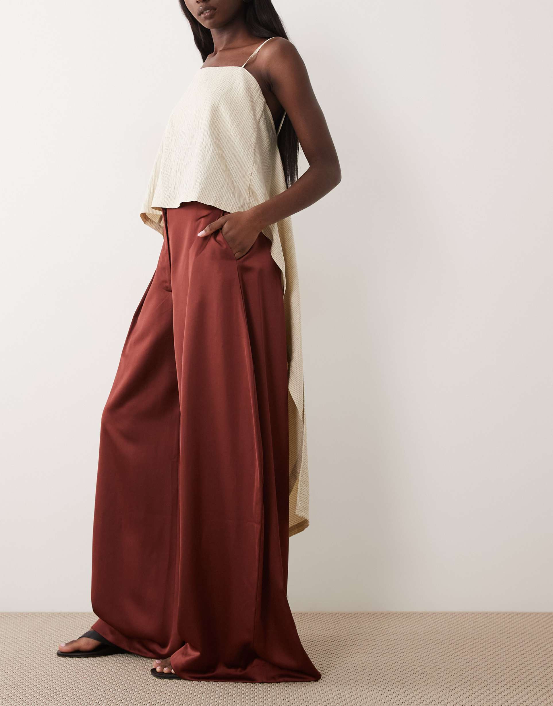 asos design tailored satin wide leg pants in chocolate