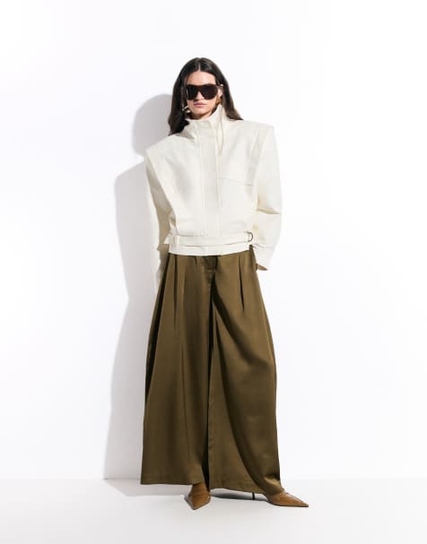 ASOS DESIGN Tailored satin wide leg pants in khaki - view 1