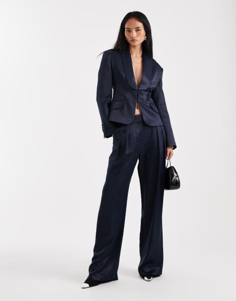 ASOS DESIGN tailored satin wide leg pleat occasion tux trousers co-ord in navy - view 1
