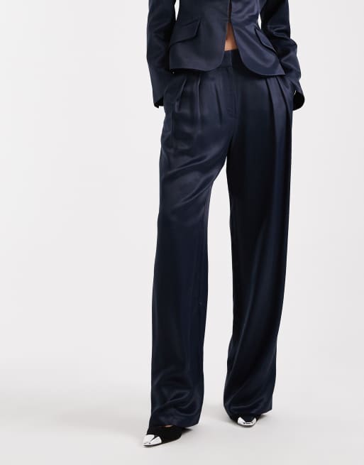 ASOS DESIGN tailored satin wide leg pleated occasion tuxedo pants in navy - part of a set , 2 of 5