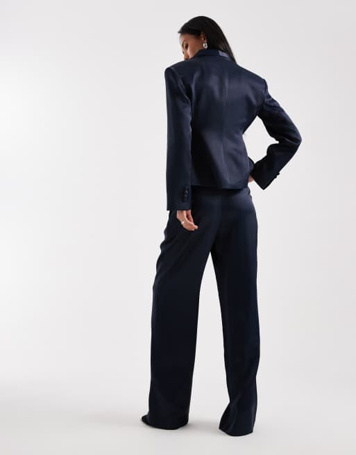 ASOS DESIGN tailored satin wide leg pleated occasion tuxedo pants in navy - part of a set , 4 of 5