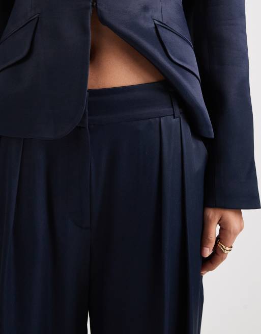 ASOS DESIGN tailored satin wide leg pleated occasion tuxedo pants in navy - part of a set , 5 of 5