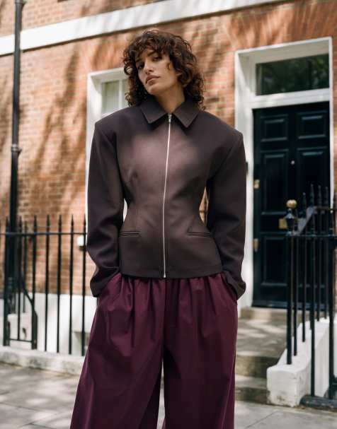 ASOS DESIGN tailored sculpted cinch waist zip through blazer in chocolate - view 1
