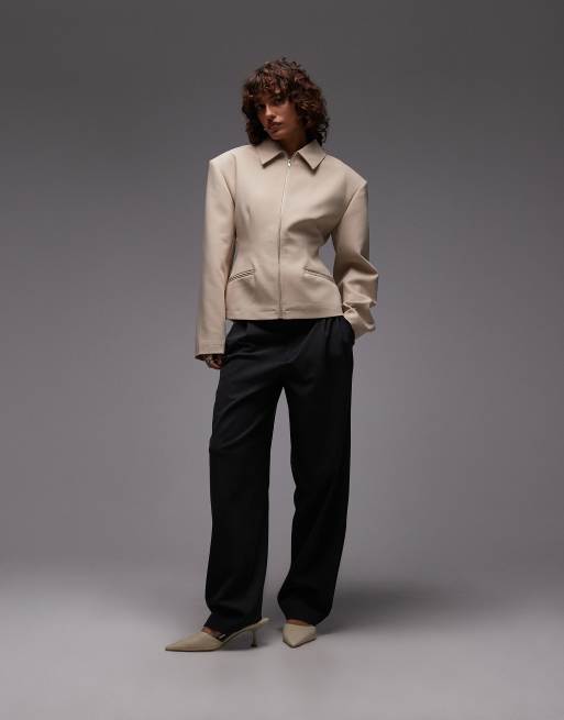 ASOS DESIGN tailored sculpted cinch waist zip up jacket in camel