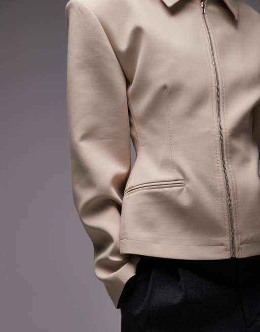ASOS DESIGN tailored sculpted cinch waist zip up jacket in camel