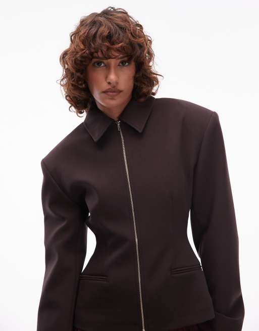 ASOS DESIGN tailored sculpted cinch waist zip up jacket in chocolate
